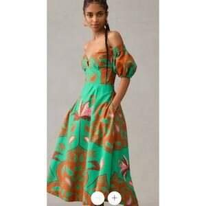 Anthropologie Maeve Puff Sleeve Sweetheart Neck Green Dress Size 6